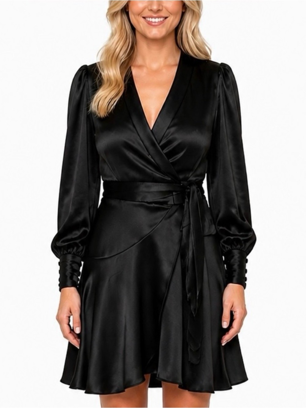 MAIN STRIP Satin Wrap Bishop Sleeve Black Dress